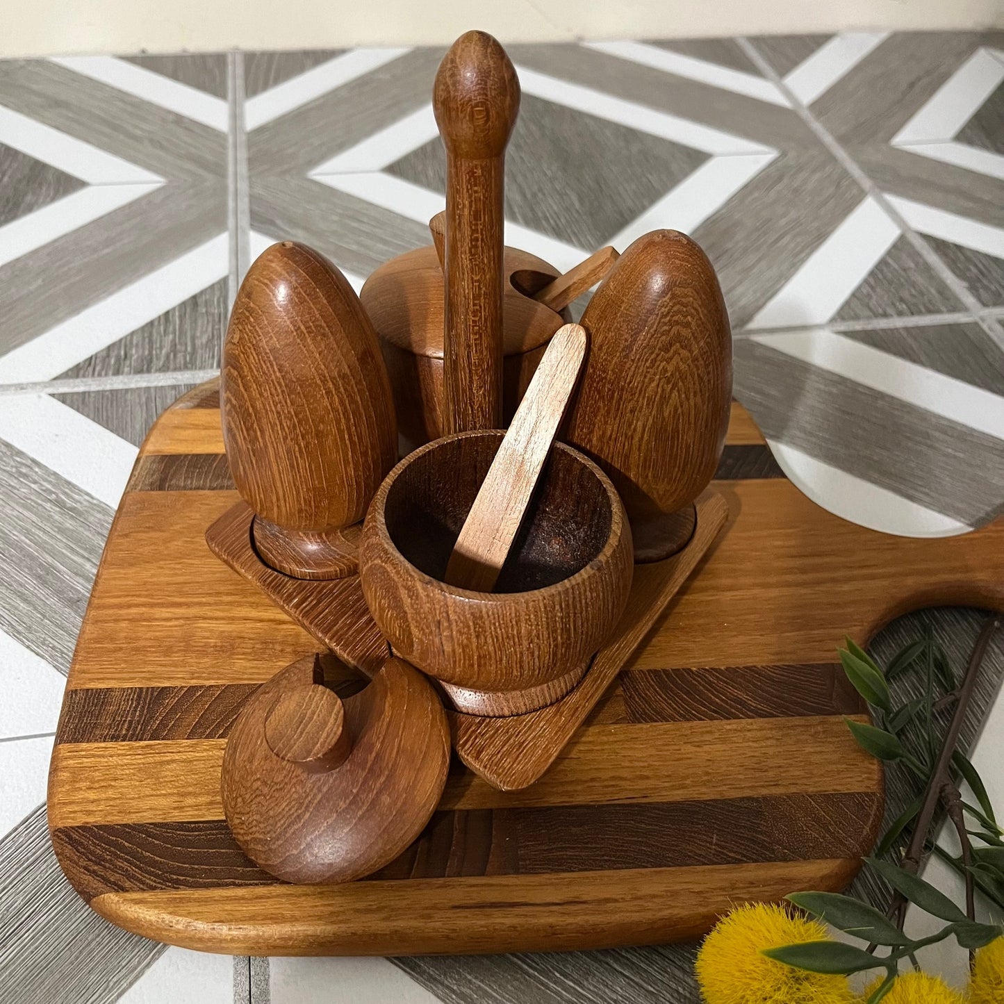 Genuine Burma Teak Condiment Set With Tray Salt & Pepper Shakers & Seasonings