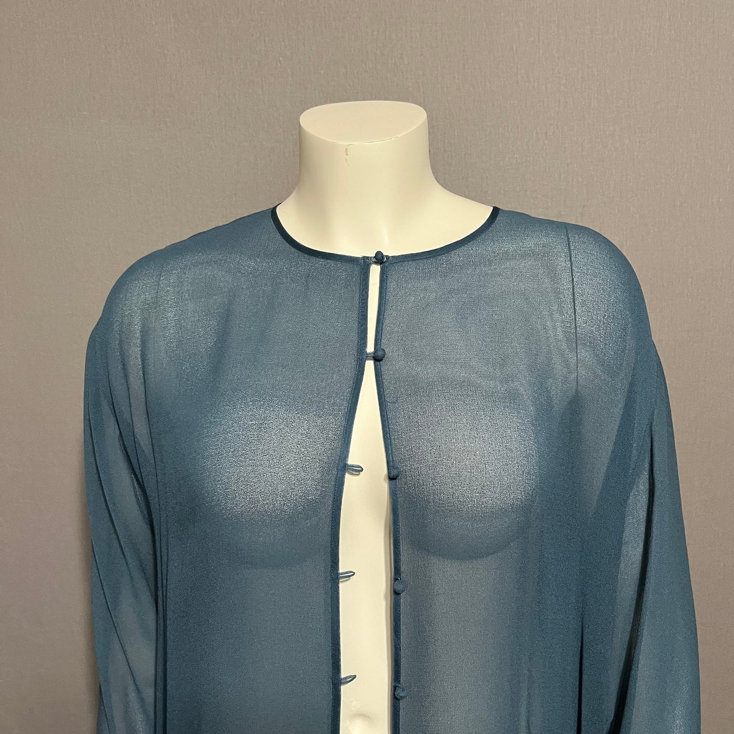 Eileen Fisher Teal 100% Silk Chiffon Sheer Button Front Blouse Sz-Large