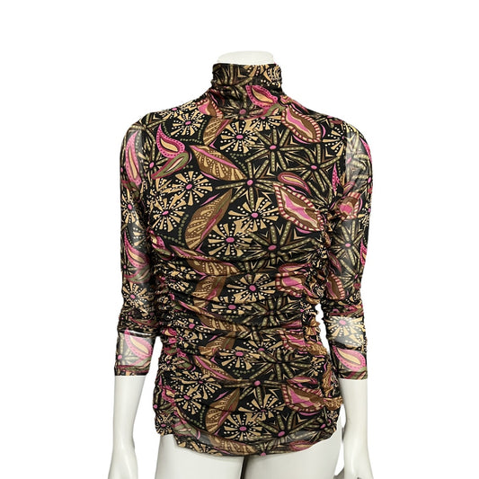 Jane & Delancey Sheer Floral Pink Ruched Mock Neck Top Sz-Medium