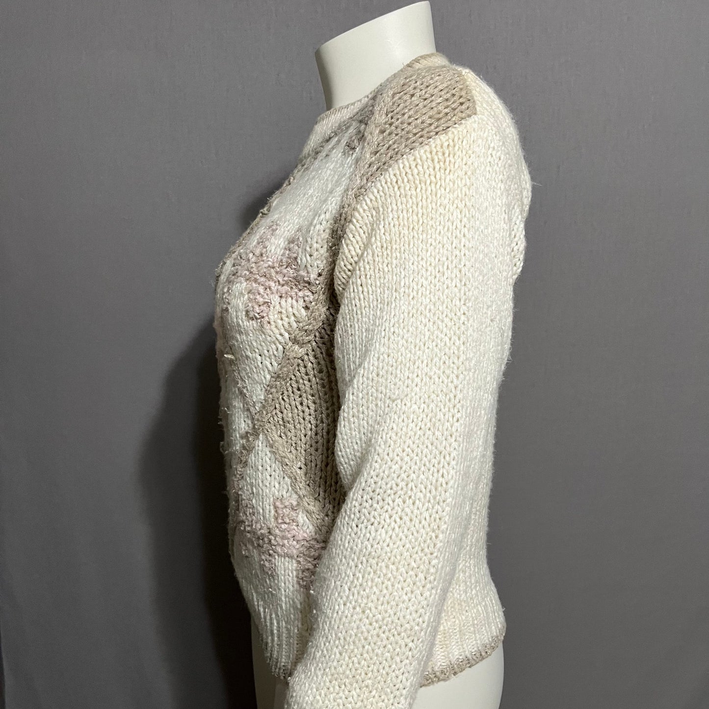 Vintage Cristina Floral Cream Grandma Crewneck Chunky Knit Sweater Sz-Large