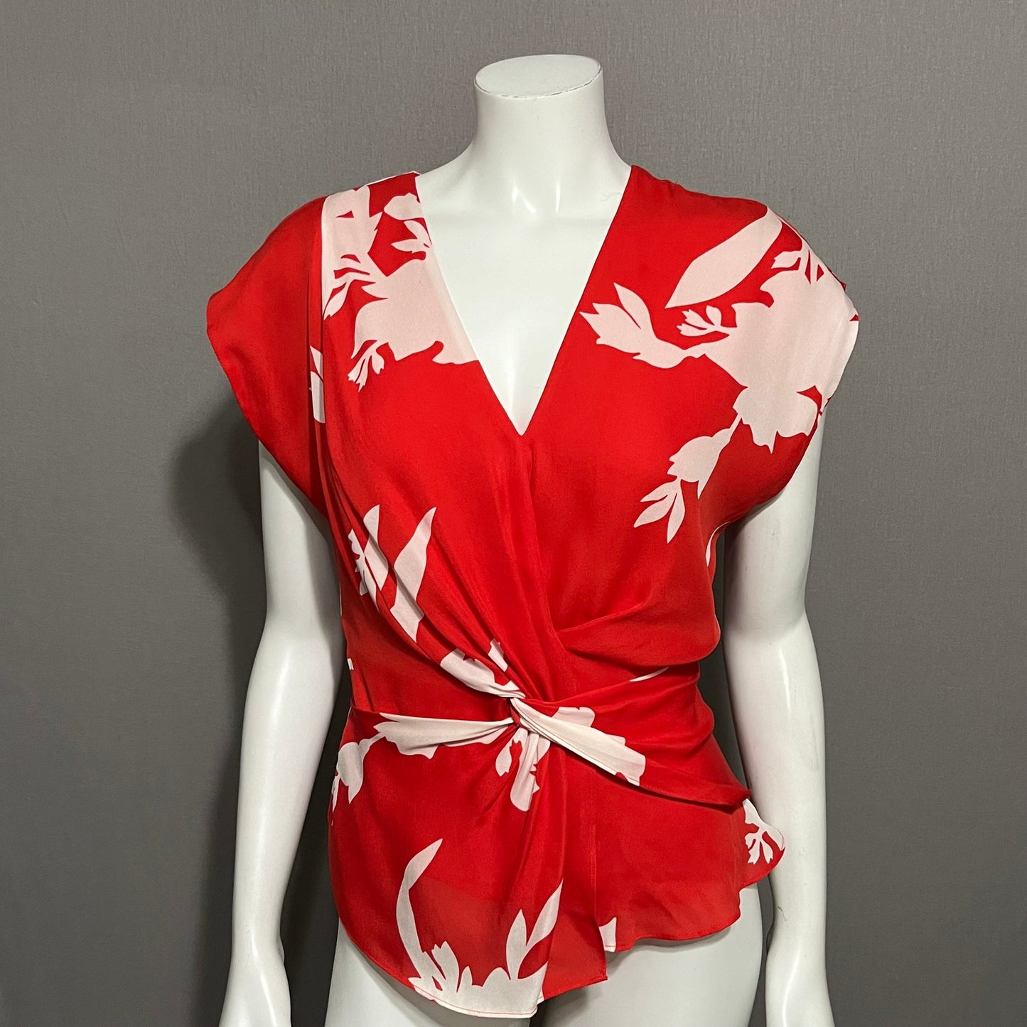 Joie Cherry Red  & Floral Lightweight Flirty Silk Blouse Sz-Small