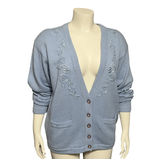 Tan Jay Blue Floral Embroidered Soft Oversized Cardigan Sz-Large