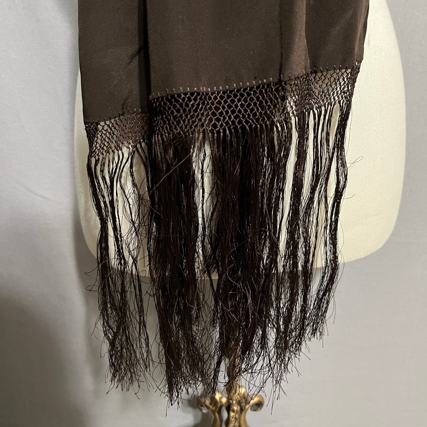 Chocolate Elegant Brown Silk Like Scarf with Fringe