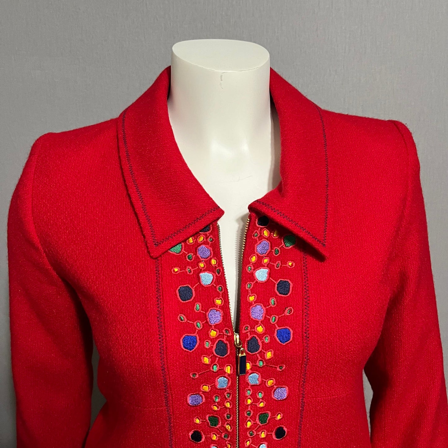 Bloomingdales Red With Multicolored Embroidery Artsy Wool Blazer Sz-8 Petite