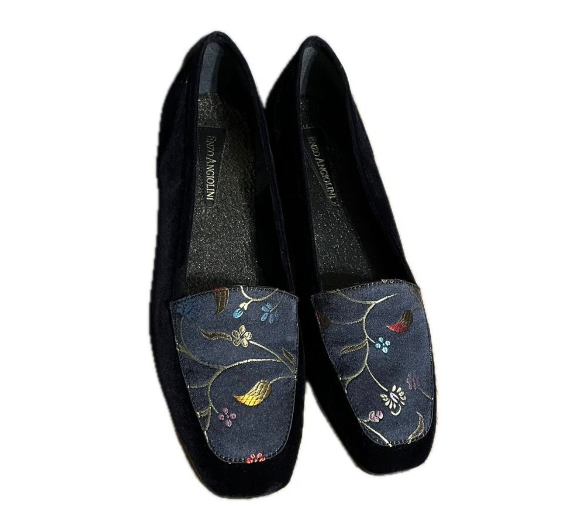 Enzo Angiolini Velvet Floral Embroidered Square Toe Ballet Flats Sz-8 1/2