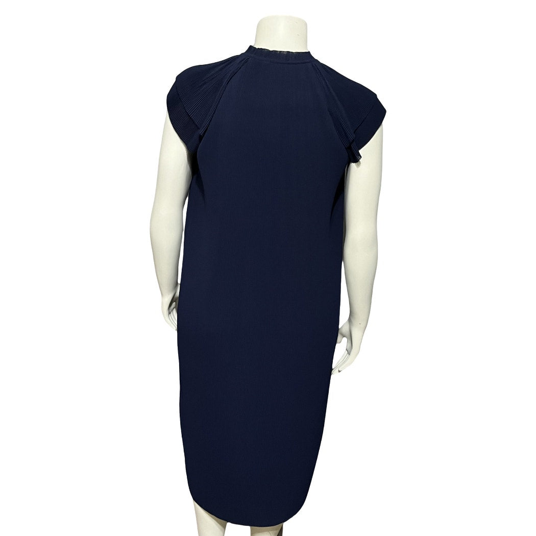 J. McLaughlin Navy Accordion Pleated Flutter Sleeve Midi Dress Sz-Medium