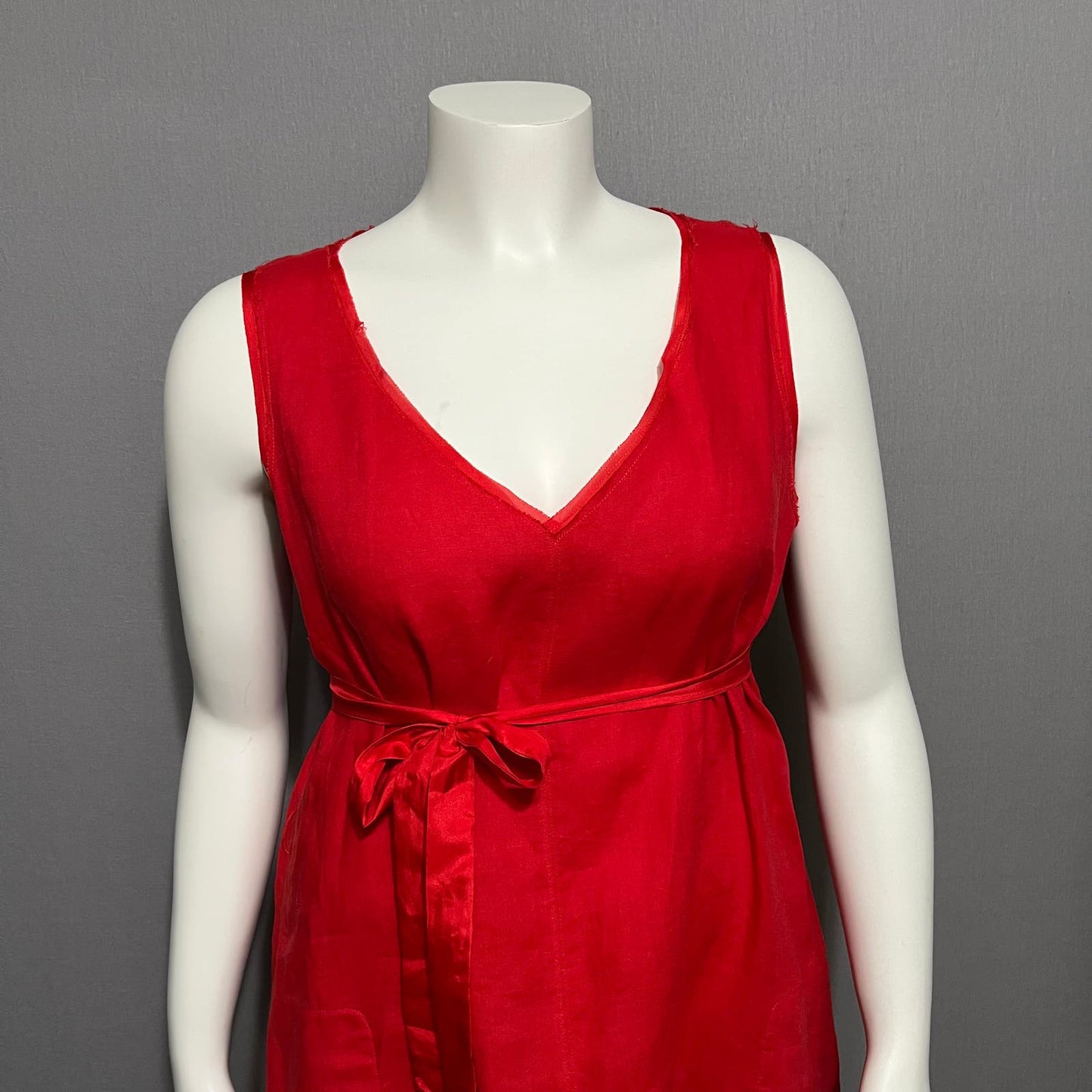 Sundance Red 100% Linen V-Neck Flare With Silk Trim Tie Dress Sz-Large