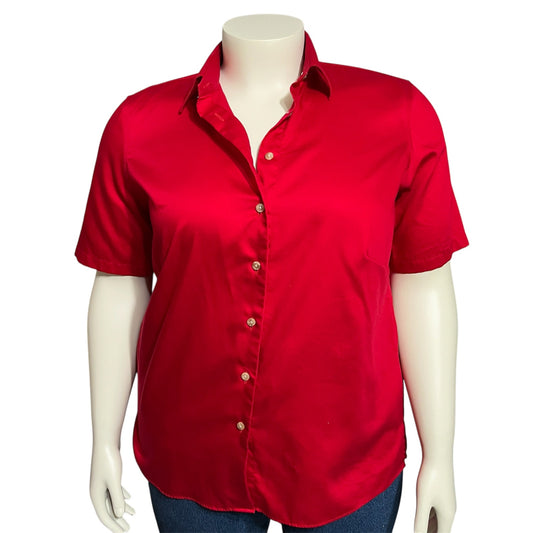 Lands End Cherry Red Cotton Womens Button Front Shirt Sz-Xl