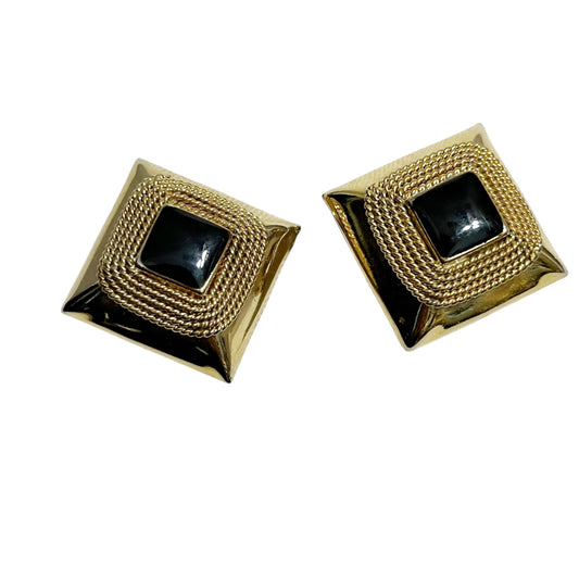 Vintage Square Gold and Black Made In Italy Clip On Earrings