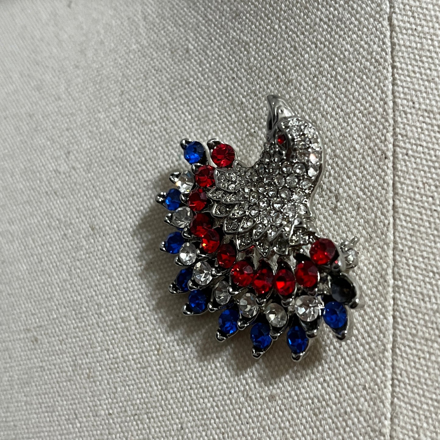 Eagle Patriotic Silver, Red, and Blue Crystal Brooch