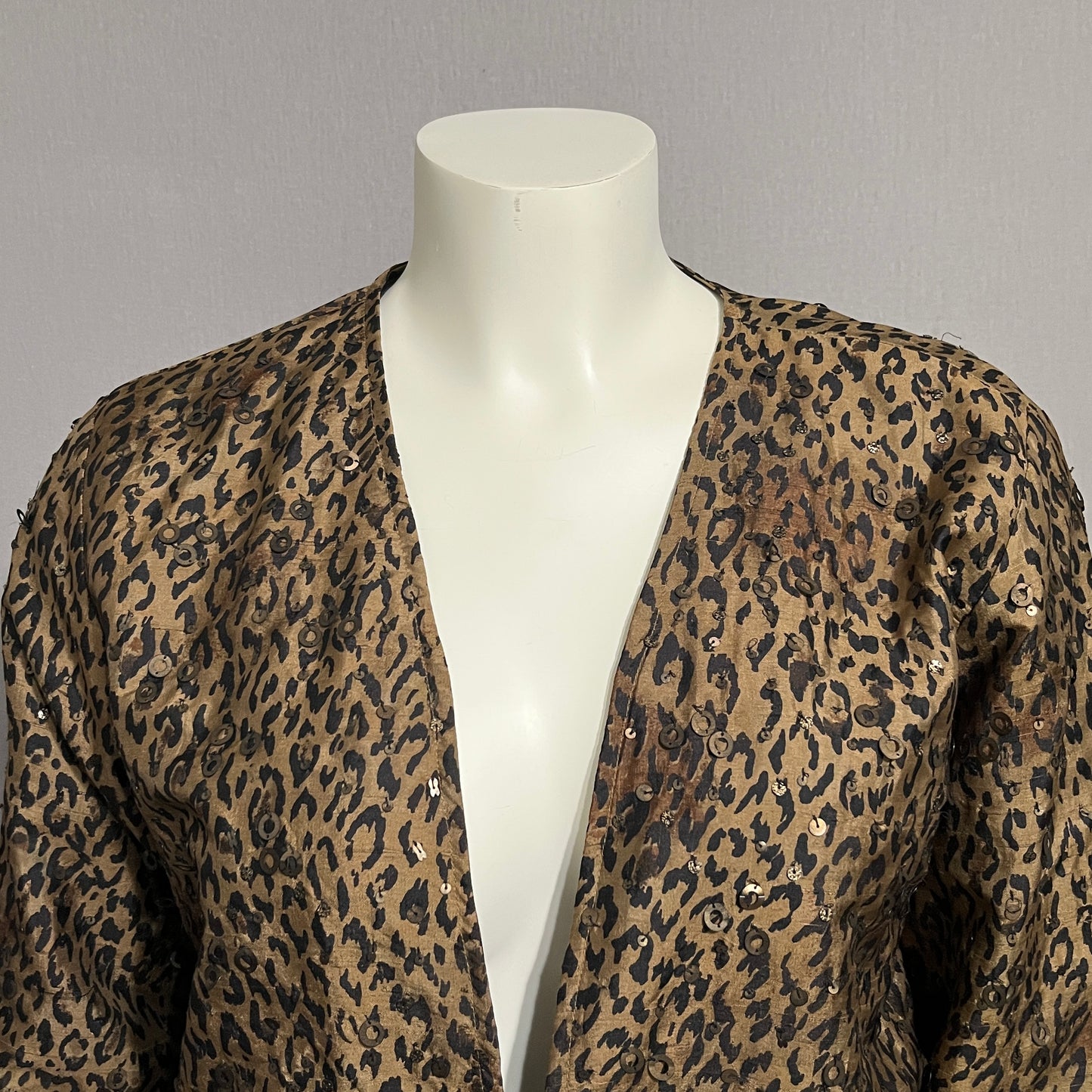 Chicos Blazer Jacket Leopard 100% Silk Brown Sequins Blazer Sz-Large
