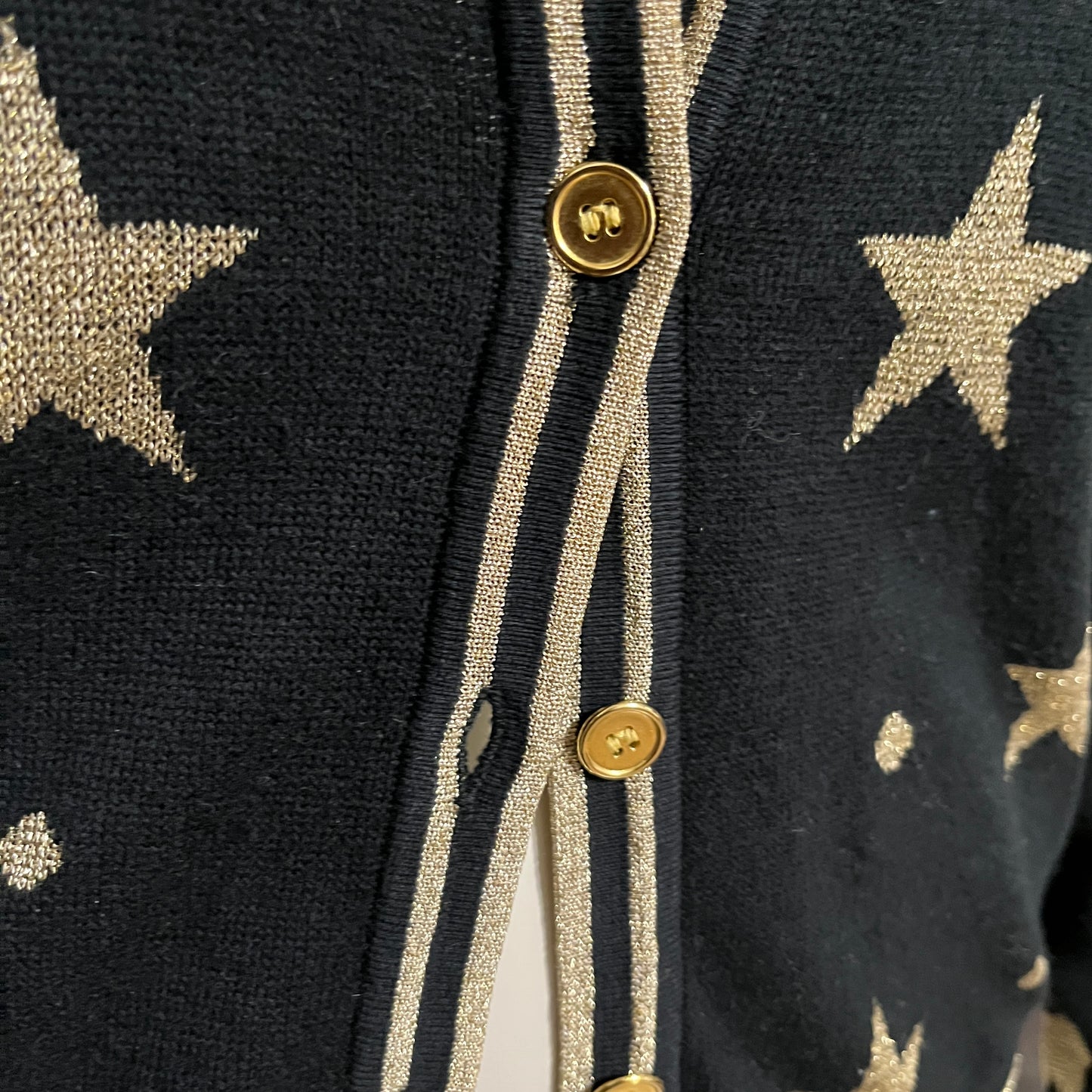 Vintage Holiday Black Cardigan with Gold Star Pattern