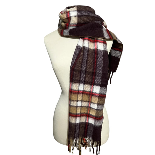 Plaid Brown Red Soft Scarf With Fringe