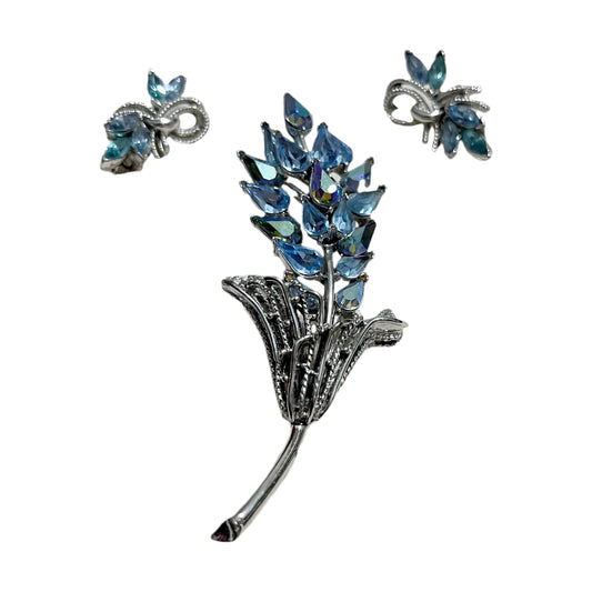 Light Blue Flower Brooch With Earrings 3 Pc Set