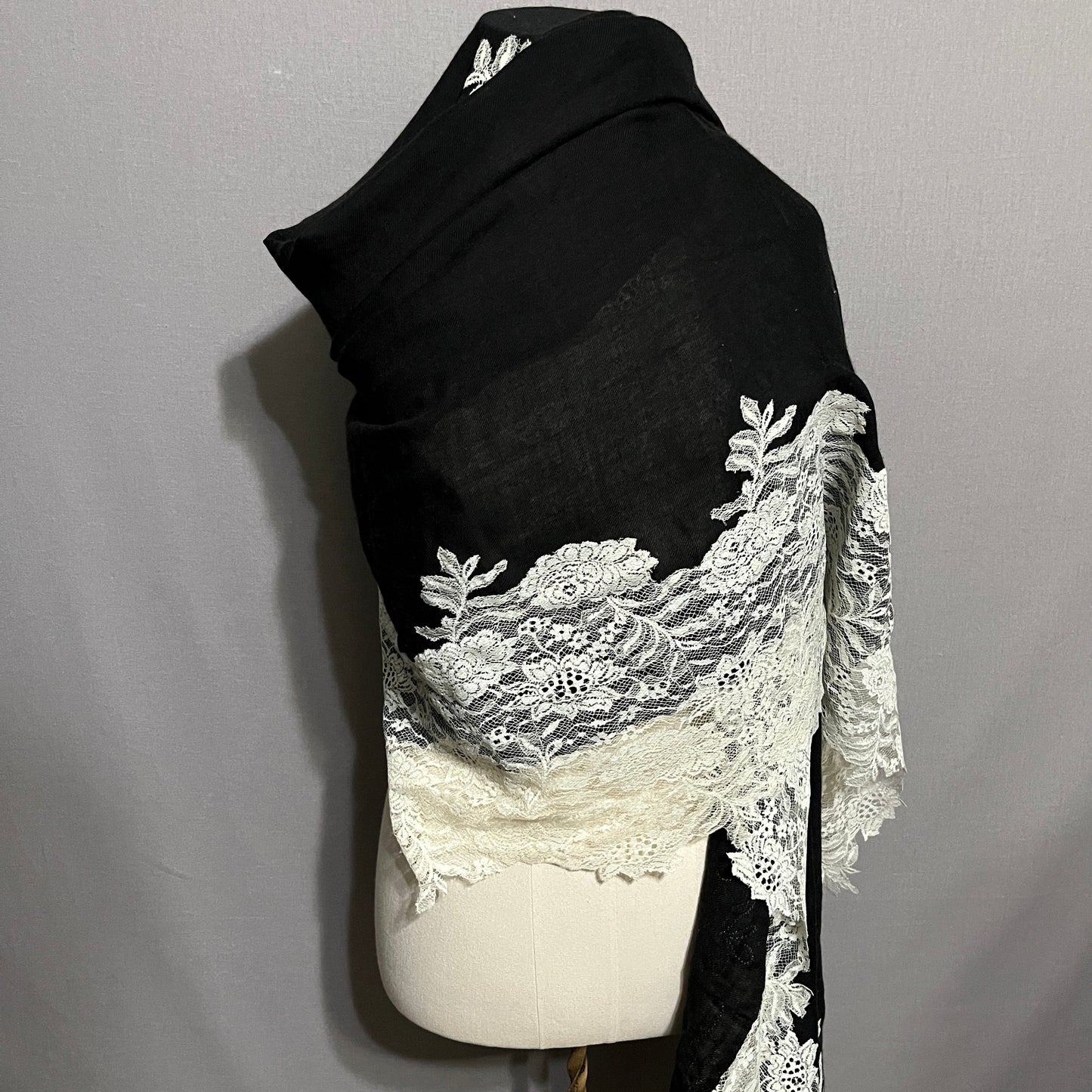 Clever Carriage Company Black and White Lace Wool Silk Scarf