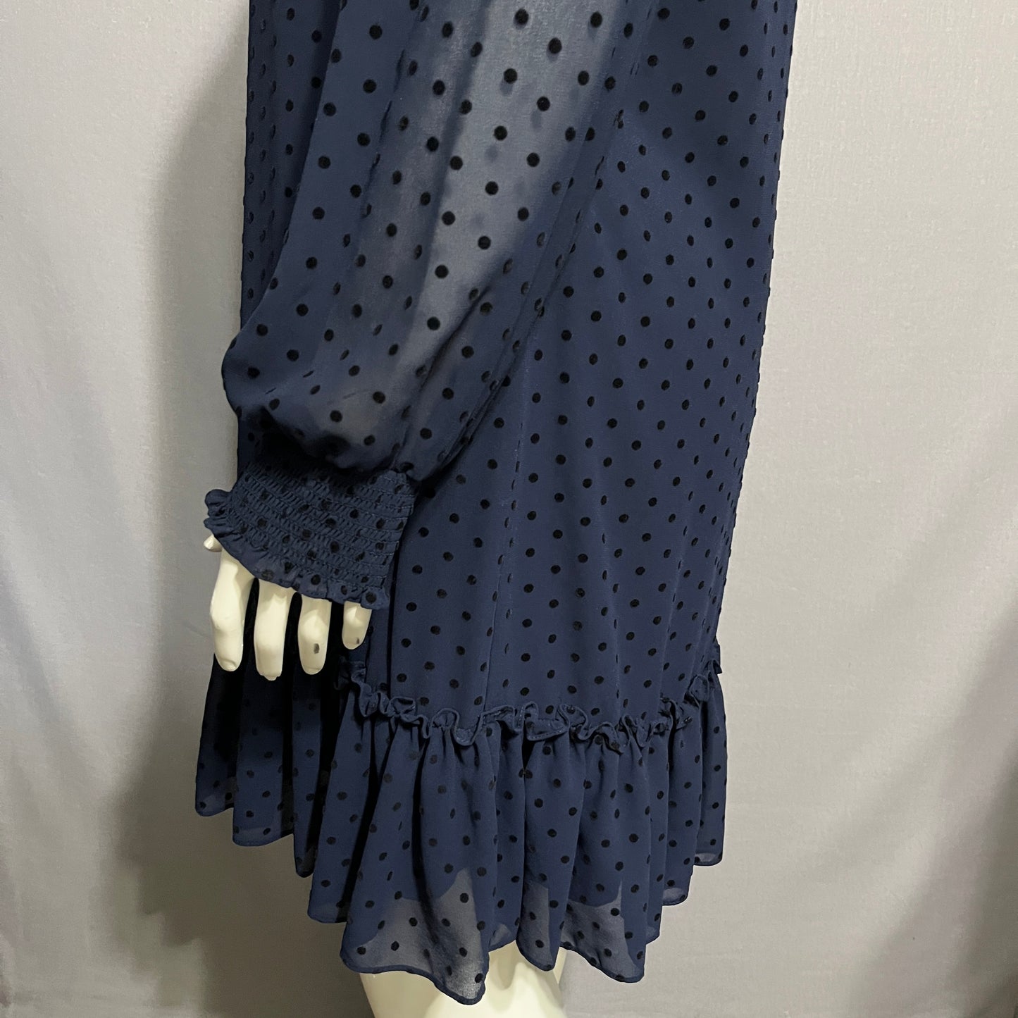 Navy Polka Dot High Neck Ruffle Hem Sheer Dress