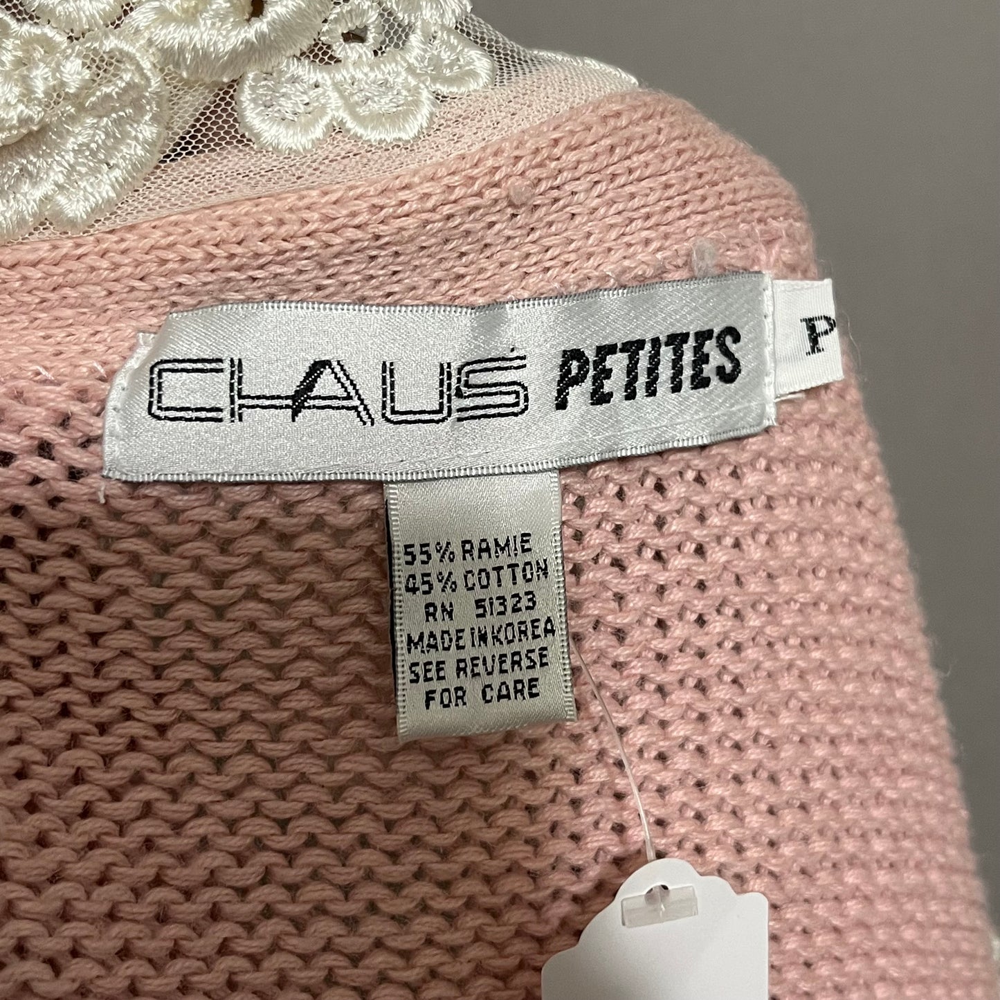 Vintage Chaus Light Pink Lace Collar Cardigan Sweater Petite