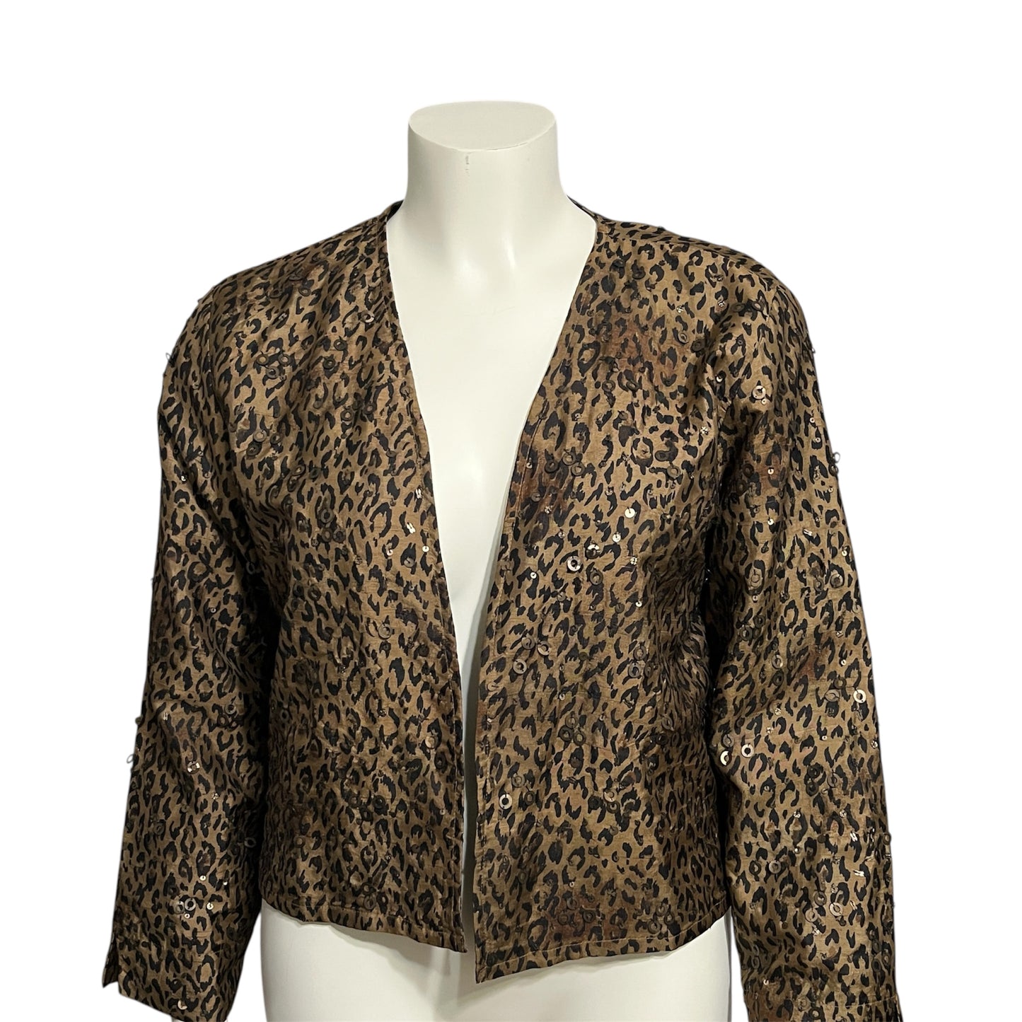 Chicos Blazer Jacket Leopard 100% Silk Brown Sequins Blazer Sz-Large
