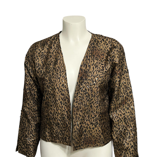 Chicos Blazer Jacket Leopard 100% Silk Brown Sequins Blazer Sz-Large