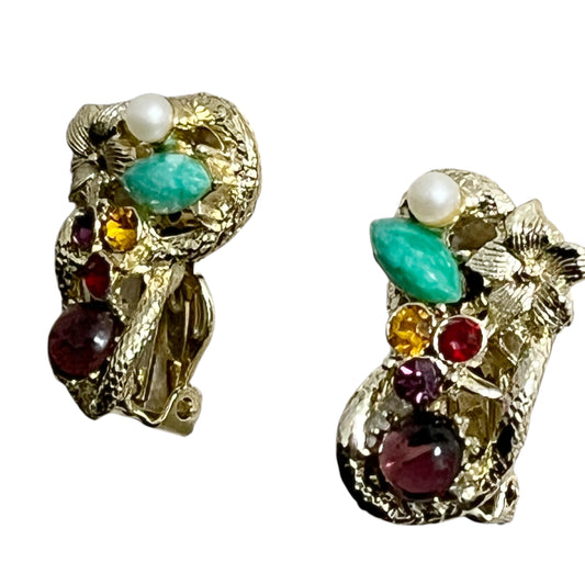 Vintage Pearl Beaded Gold and Multicolor Clip-On Earrings