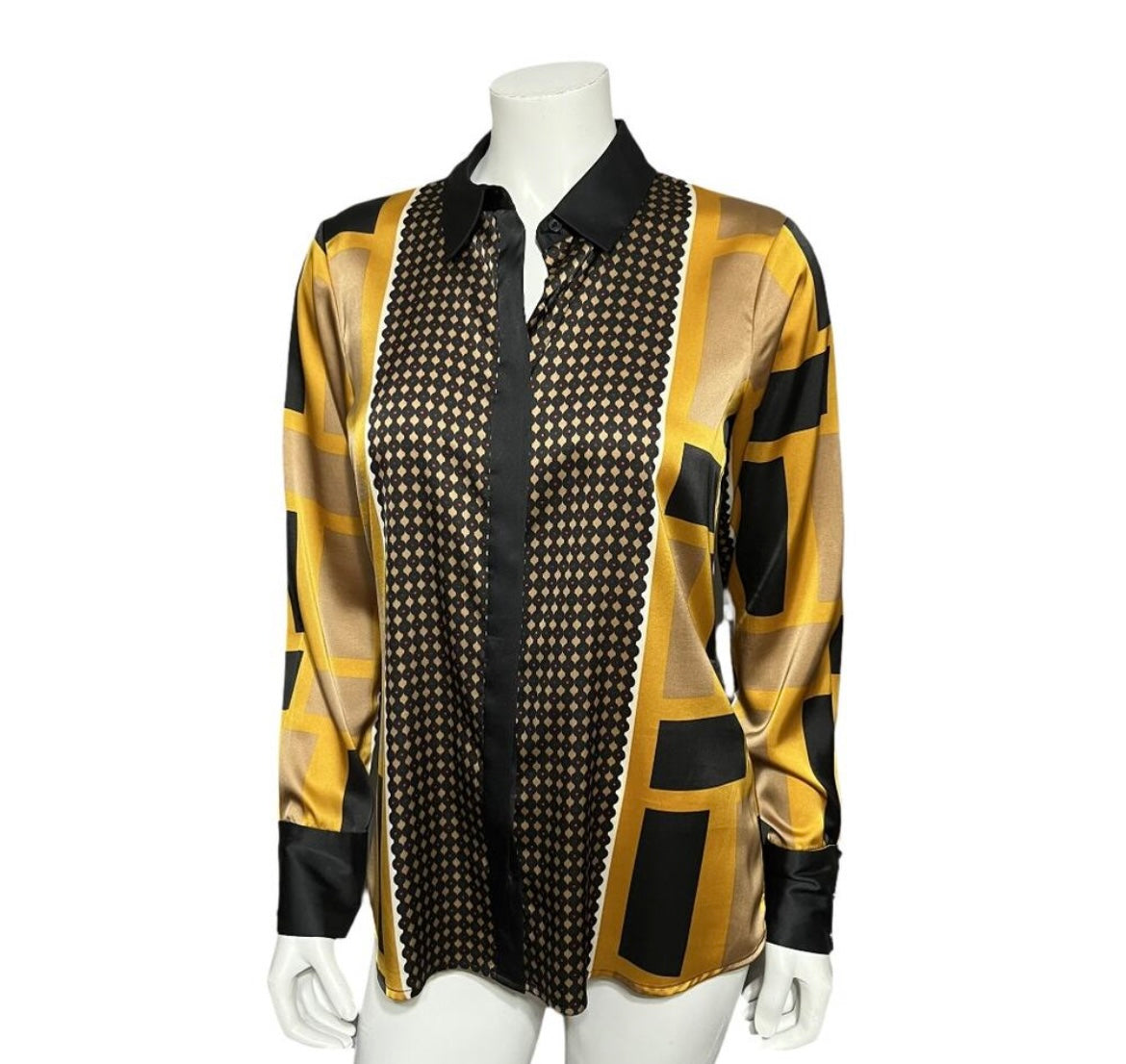 Calvin Klein Geometric Gold & Black Satin Blouse Sz-Small