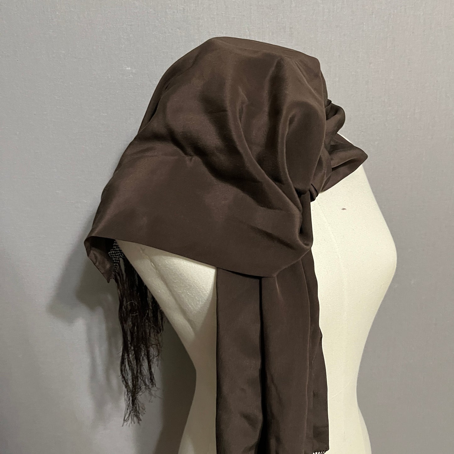 Chocolate Elegant Brown Silk Like Scarf with Fringe