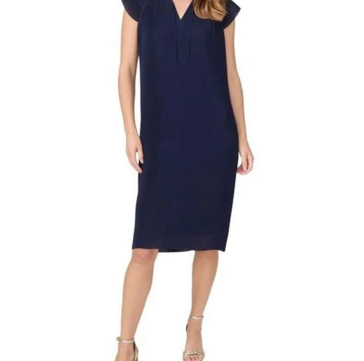 J. McLaughlin Navy Accordion Pleated Flutter Sleeve Midi Dress Sz-Medium
