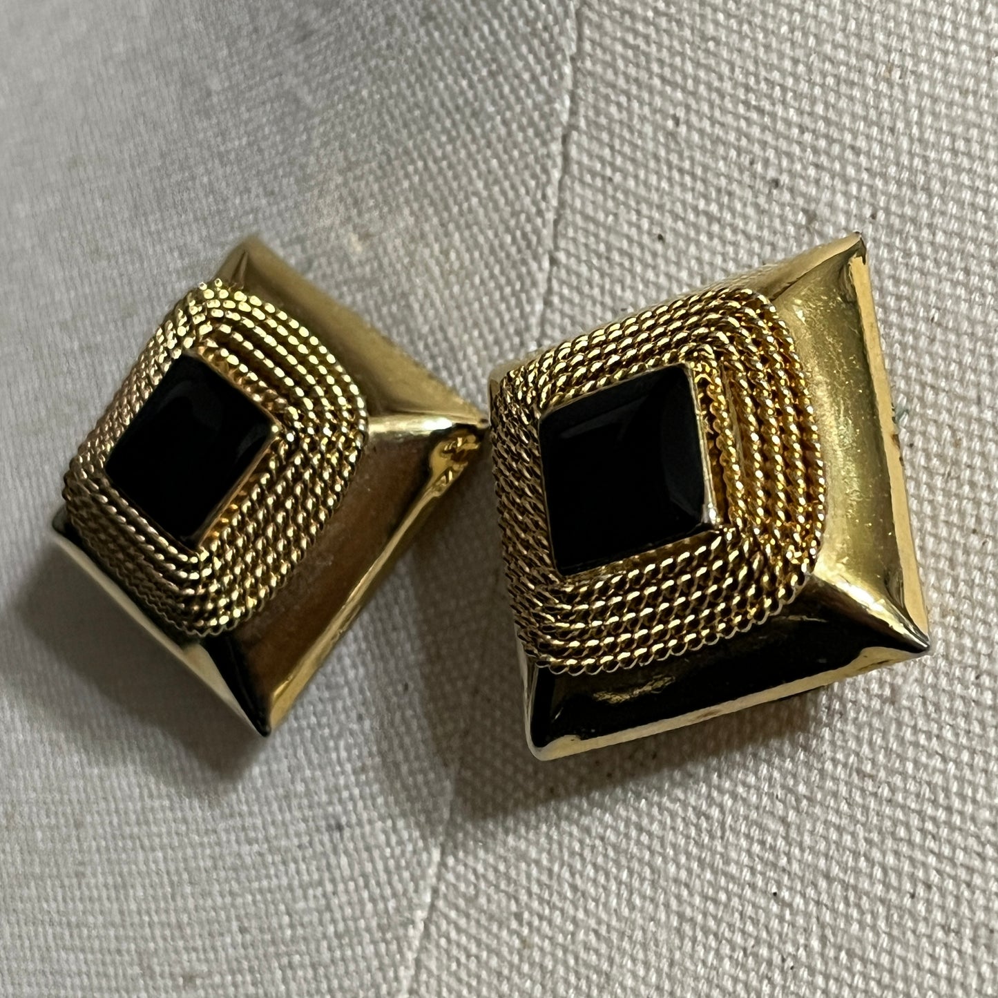 Vintage Square Gold and Black Made In Italy Clip On Earrings