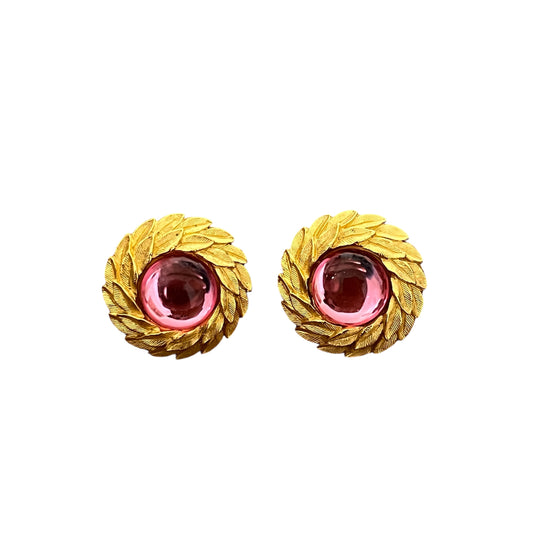 Trifari Gold and Pink Stud Clip On Earrings