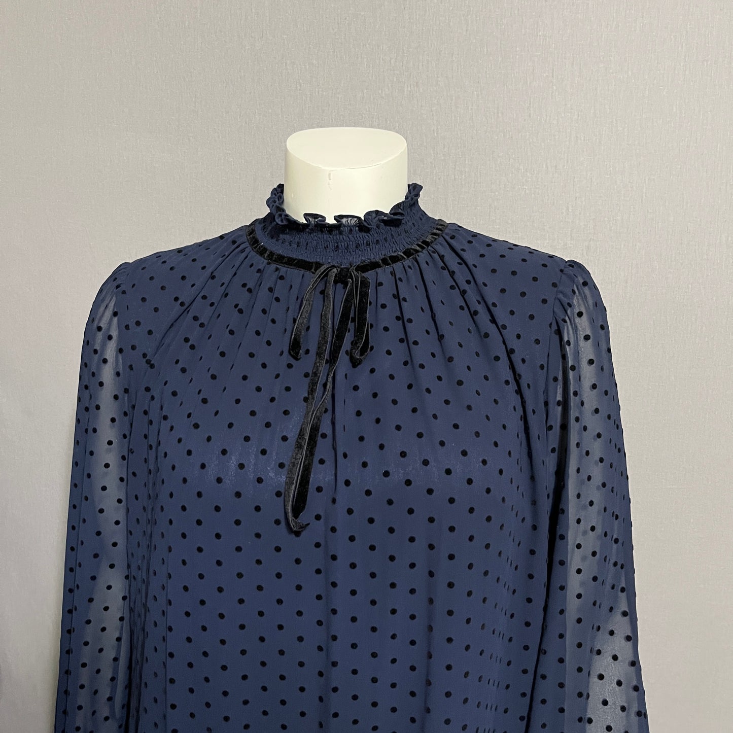 Navy Polka Dot High Neck Ruffle Hem Sheer Dress