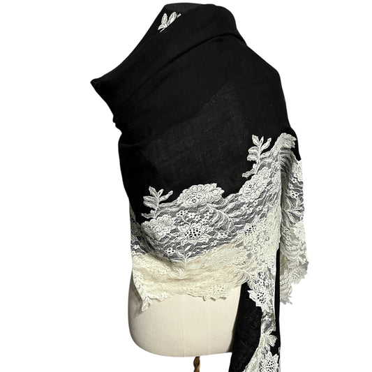 Clever Carriage Company Black and White Lace Wool Silk Scarf