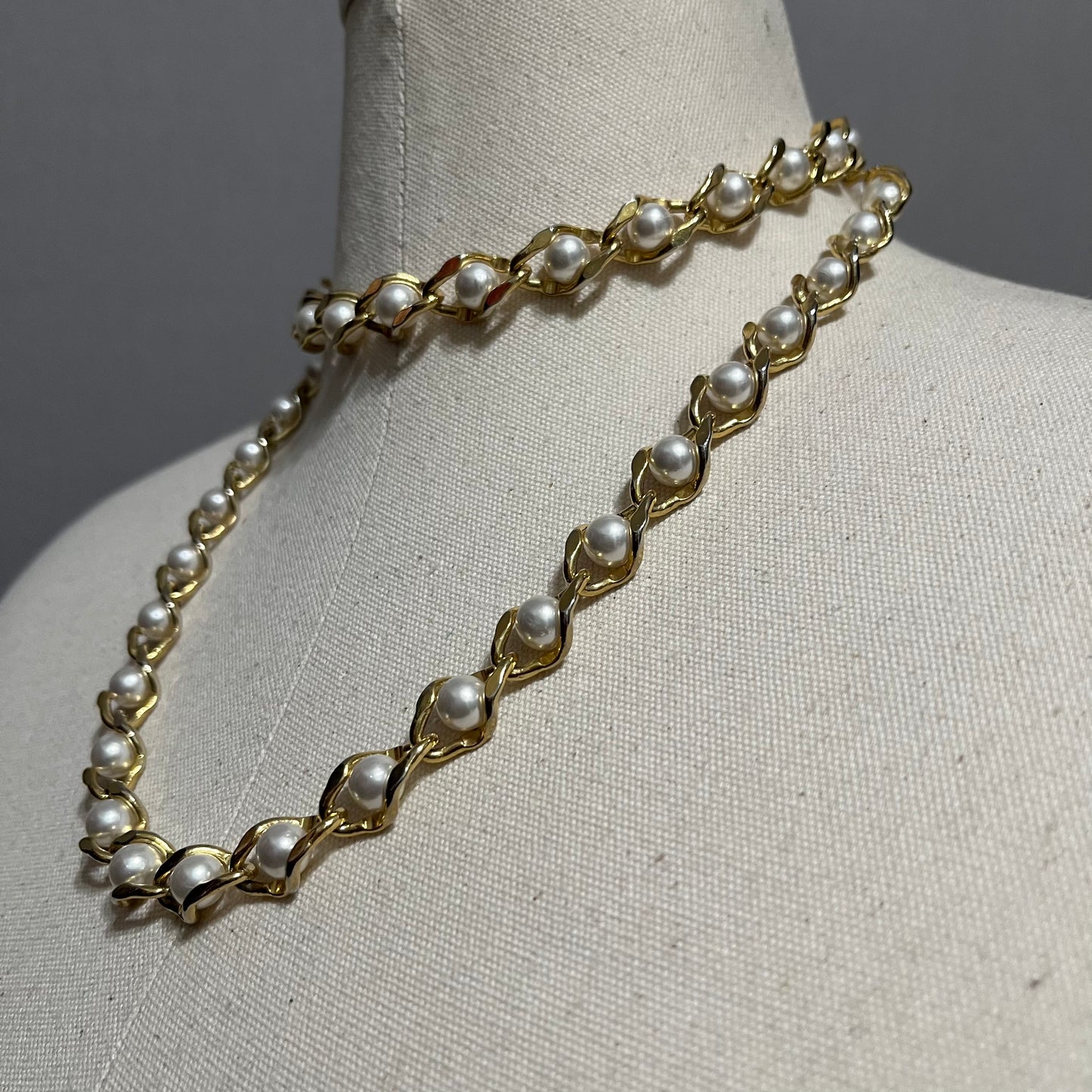 Gold Metal With Wrapped Pearls Necklace