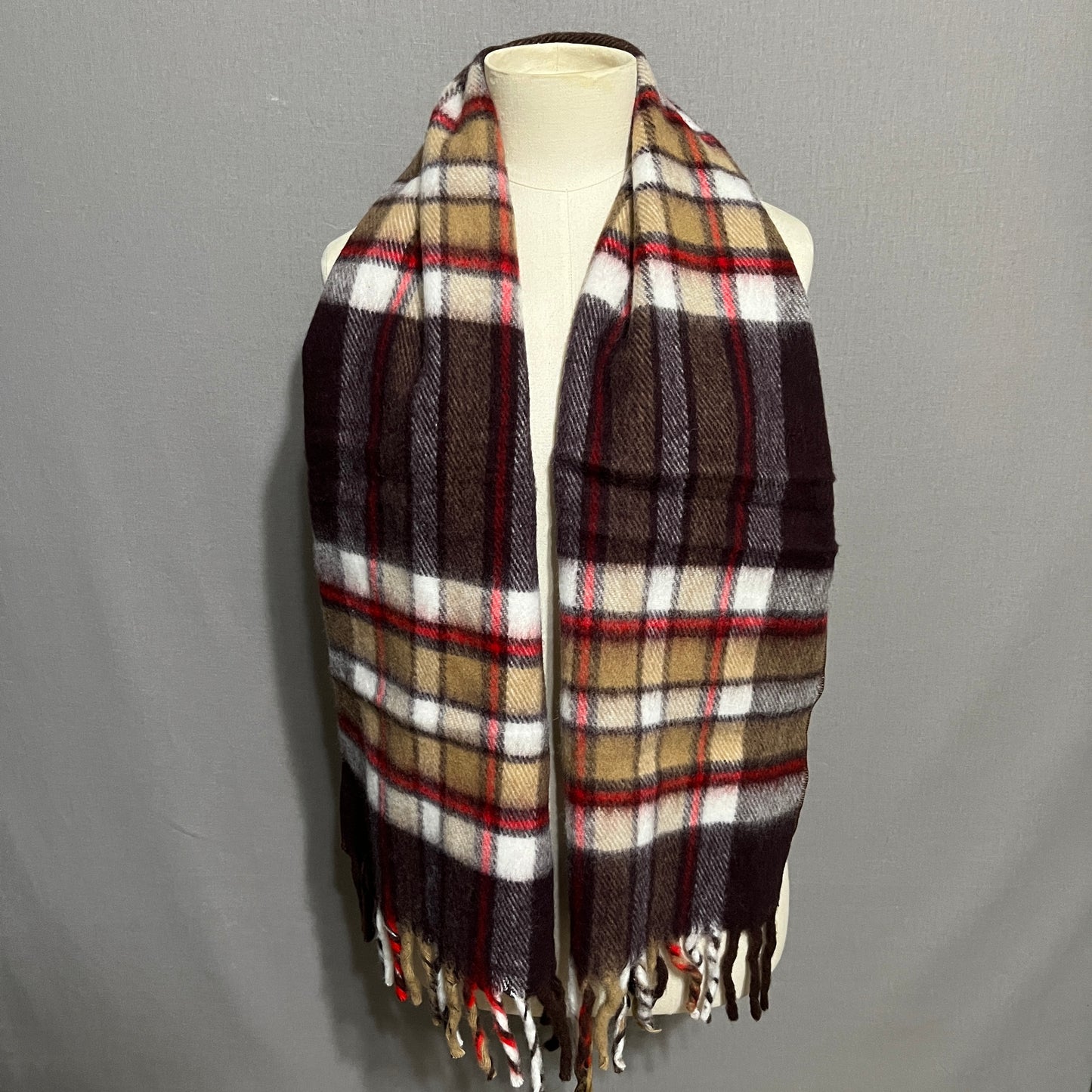 Plaid Brown Red Soft Scarf With Fringe