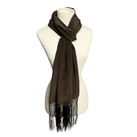 Chocolate Elegant Brown Silk Like Scarf with Fringe