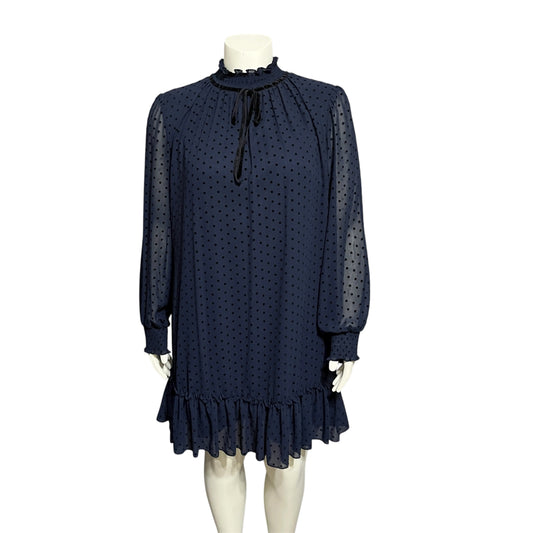 Navy Polka Dot High Neck Ruffle Hem Sheer Dress
