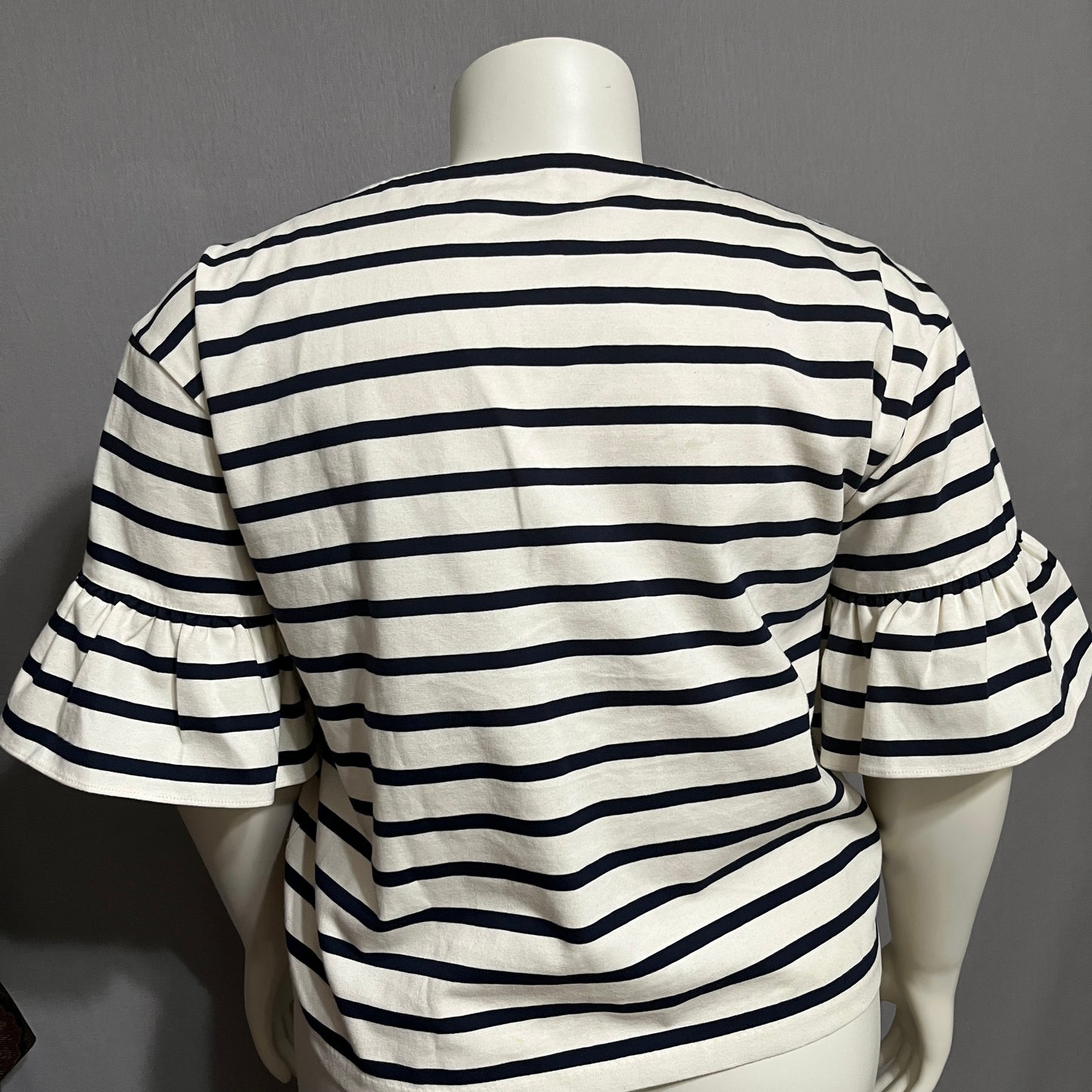 Cream & Navy Striped 100% Cotton Flare Sleeve Top Sz-XL