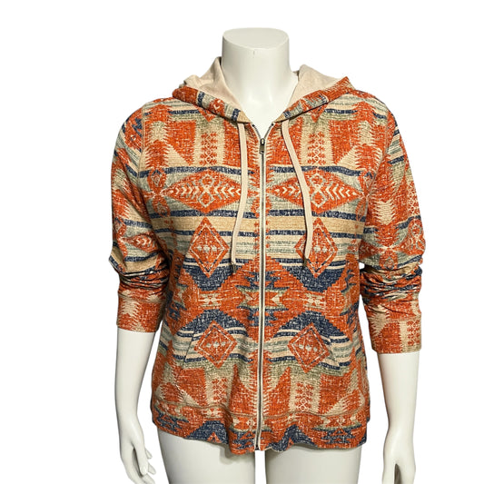Chaps Tribal Aztec Print Orange Zip Up Hoodie Sz-XL