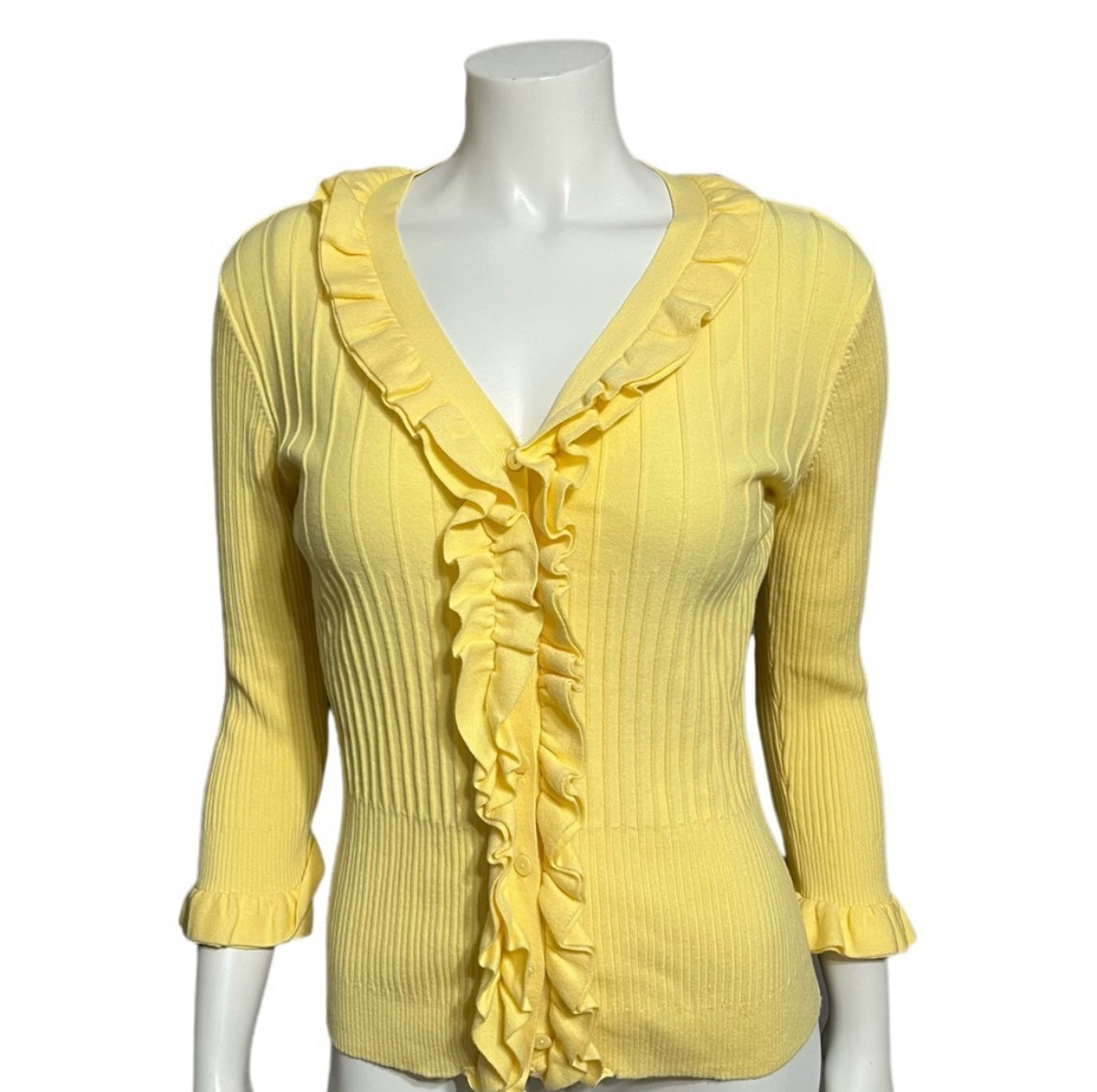 Tracy Yellow V-Neck Ruffle Cotton Blend Cardigan Sz-Medium