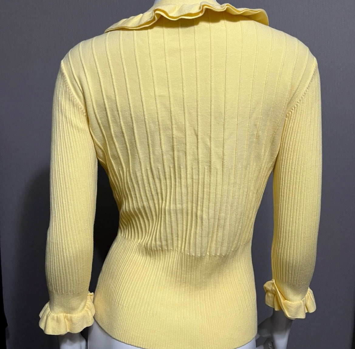 Tracy Yellow V-Neck Ruffle Cotton Blend Cardigan Sz-Medium