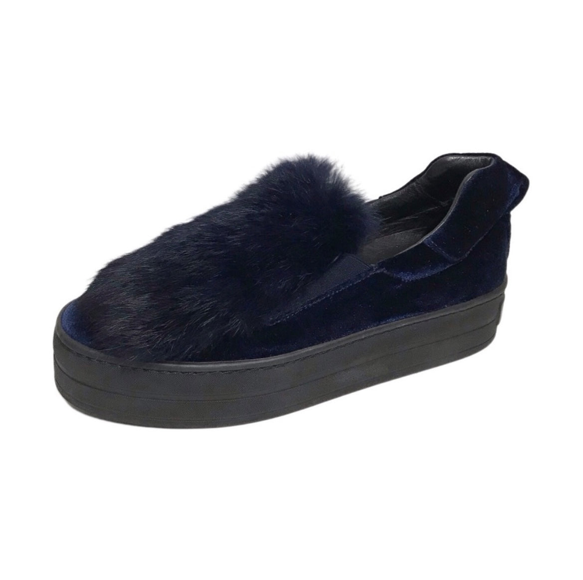 Gabriella Navy Velvet Rabbit Fur Platform Slip On Sneaker Sz-37