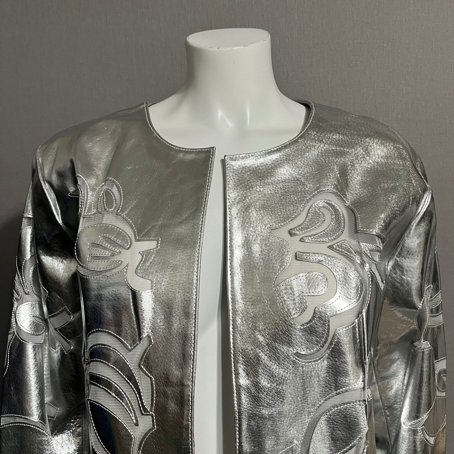 Chicos Metallic 100% Leather With Mesh Cutout Jacket Sz-XL