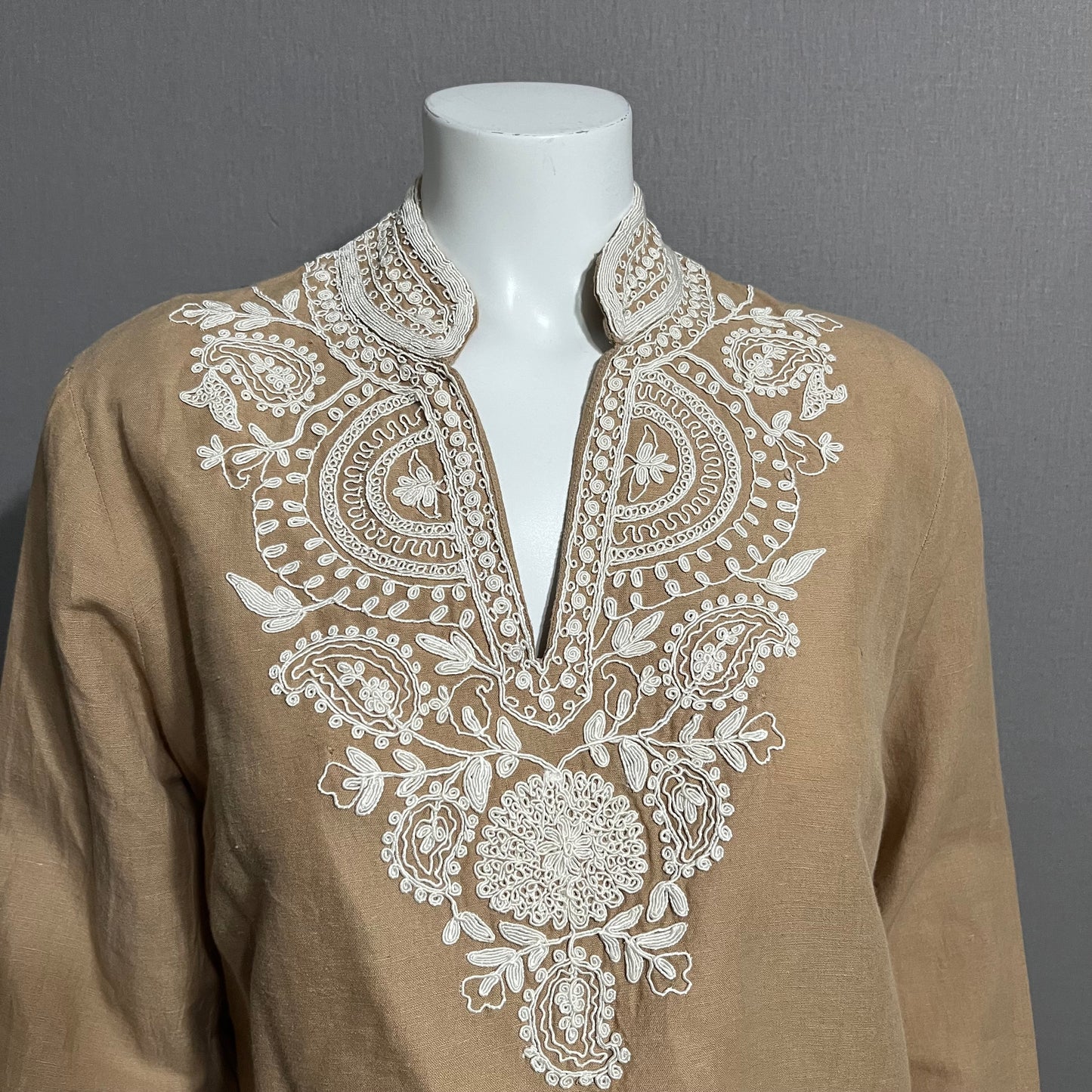 Soft Surroundings Brown With White Embroidered Linen Cotton Tunic Sz-Medium