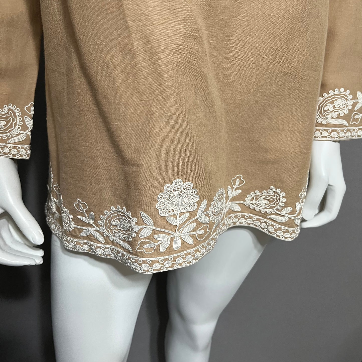 Soft Surroundings Brown With White Embroidered Linen Cotton Tunic Sz-Medium