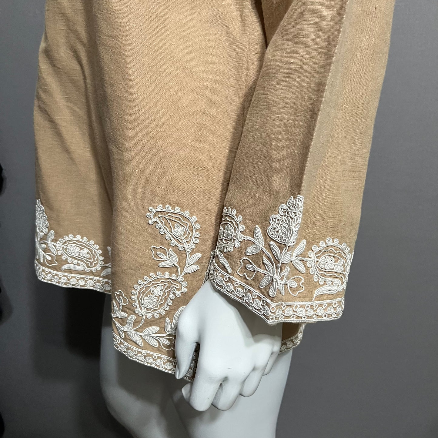 Soft Surroundings Brown With White Embroidered Linen Cotton Tunic Sz-Medium