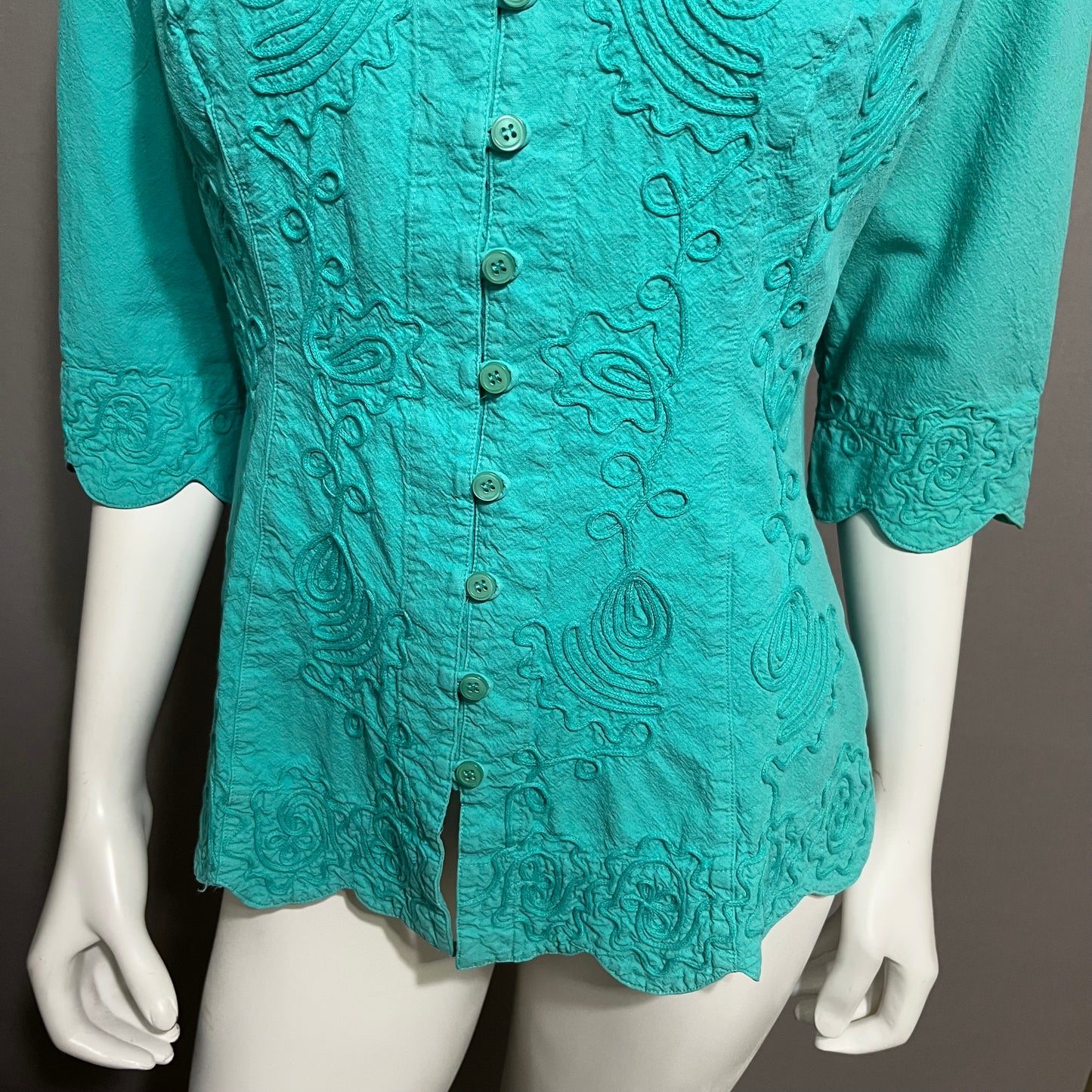 Gretty Ziegler Green Cotton Textured Short Sleeve Shirt Sz-Large