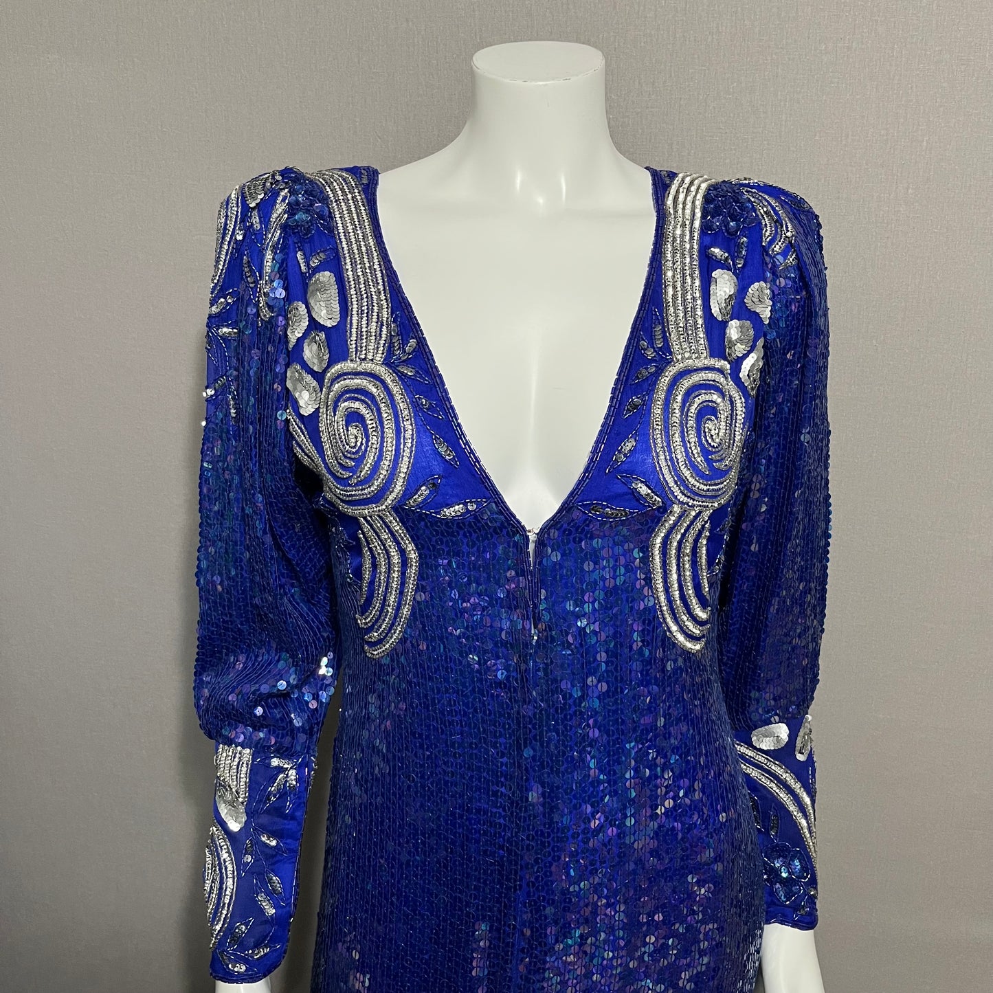 Vintage Pam Imports Royal Blue Silk Sequin Beaded Dress Sz-Small