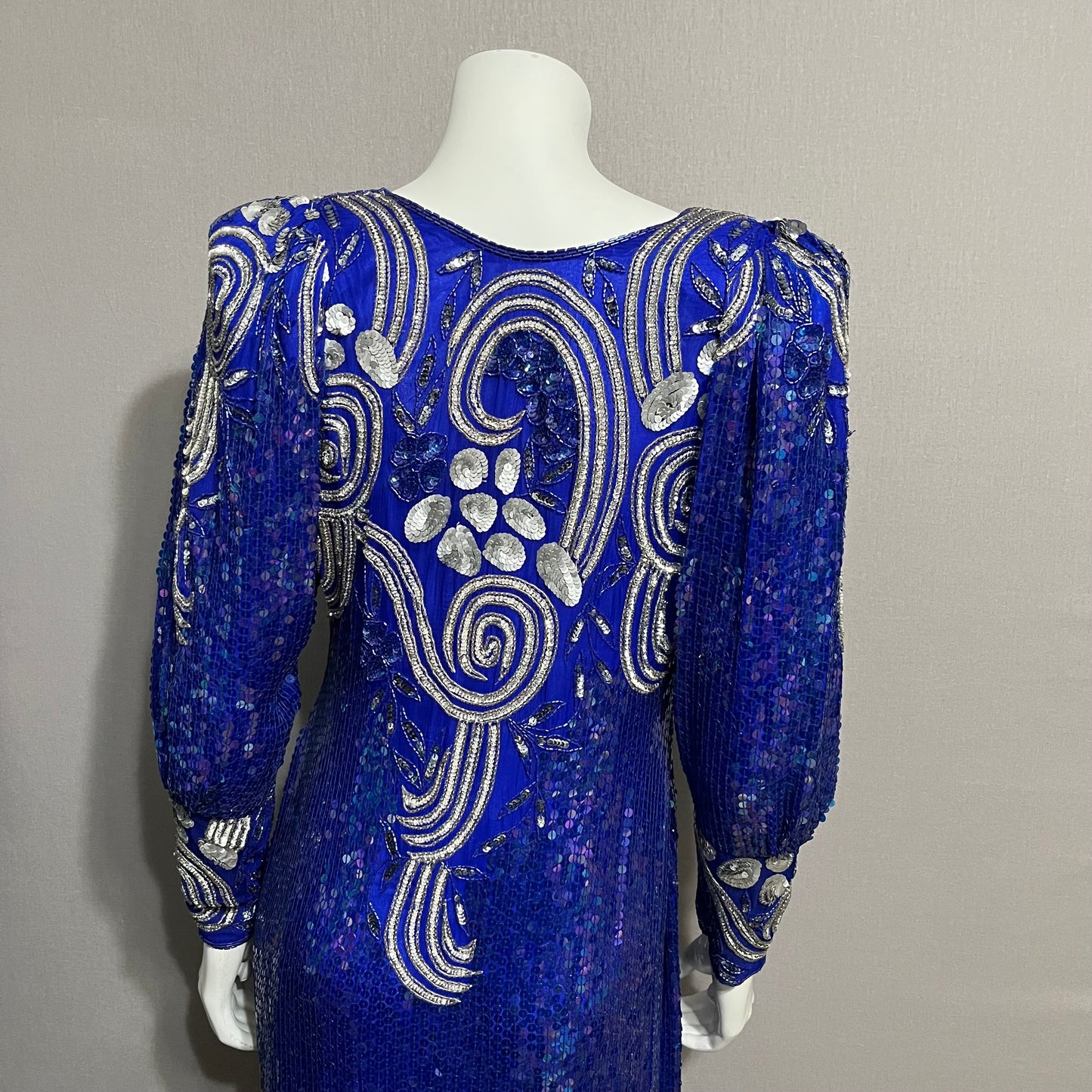 Vintage Pam Imports Royal Blue Silk Sequin Beaded Dress Sz-Small