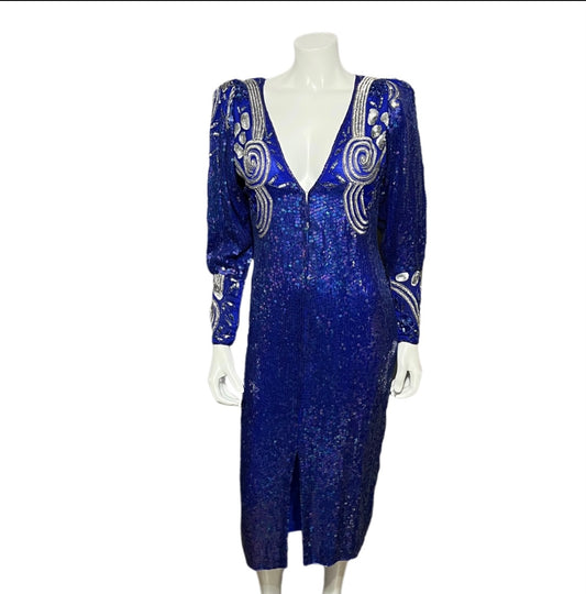 Vintage Pam Imports Royal Blue Silk Sequin Beaded Dress Sz-Small