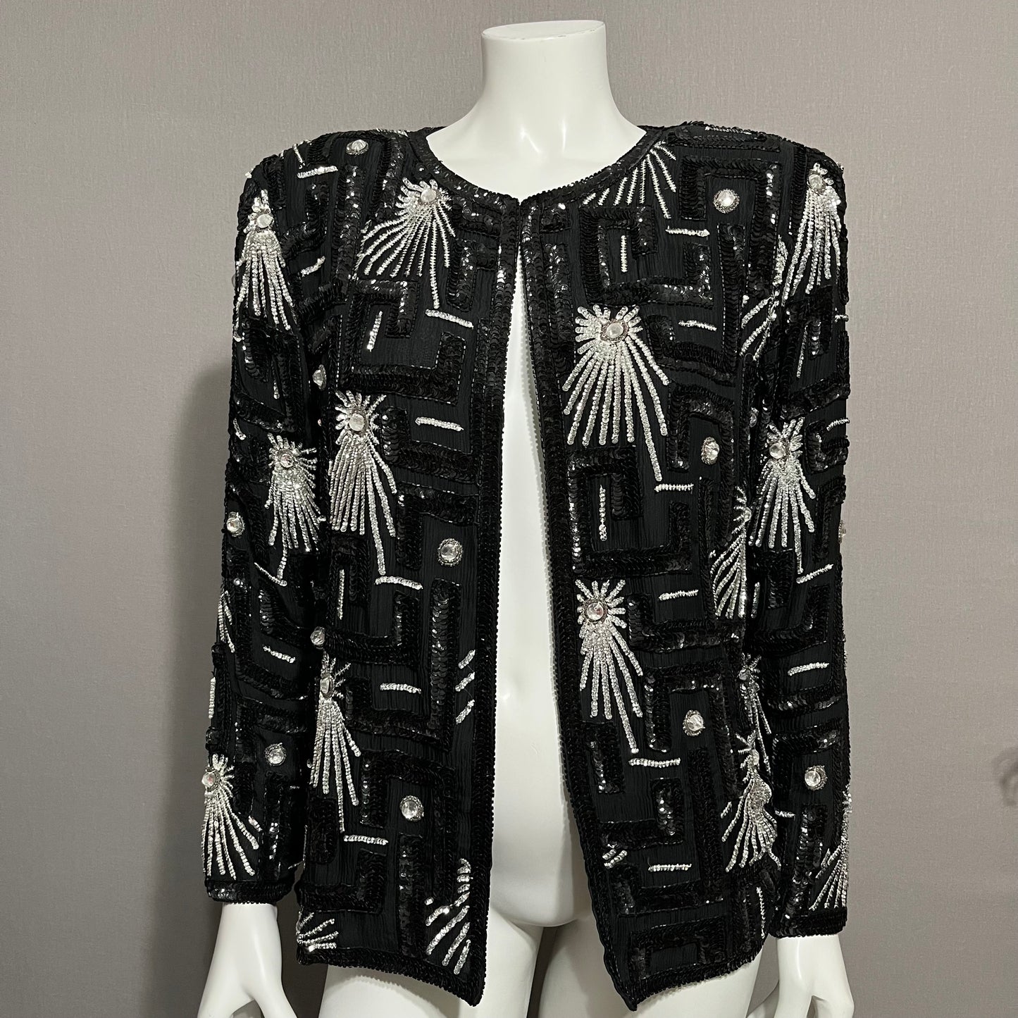 Black Sequin Beaded 100% Silk Cocktail Jacket Sz-Medium