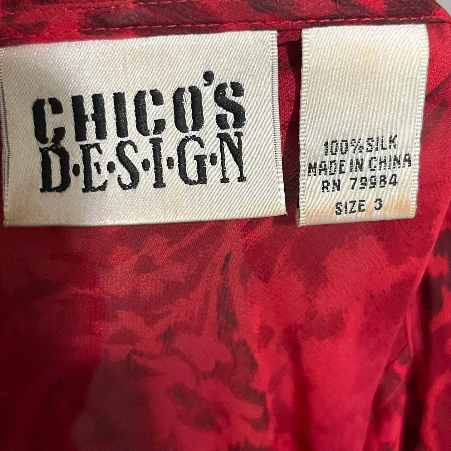 Chicos 100% Silk Red Ruffle Sheer Print Blouse Sz-3 XL